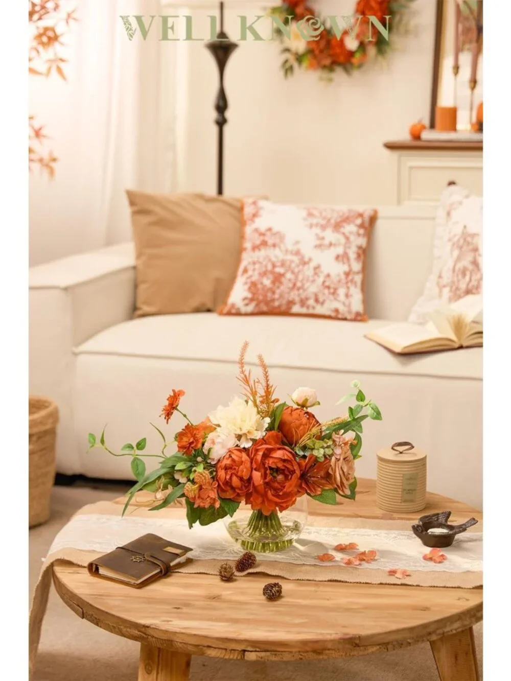 Stunning Burnt Orange & Champagne Artificial Flowers in Elegant Vase - Home